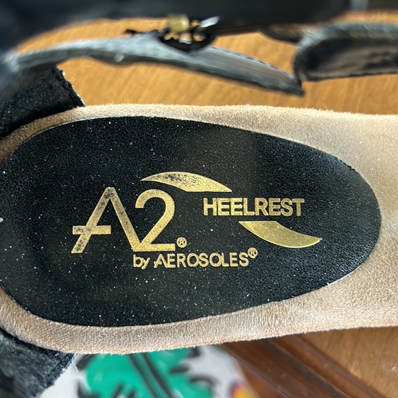 A2 Aerosoles black mayflower Wedge sandal with brown buckle accents back zipper - Picture 2 of 9